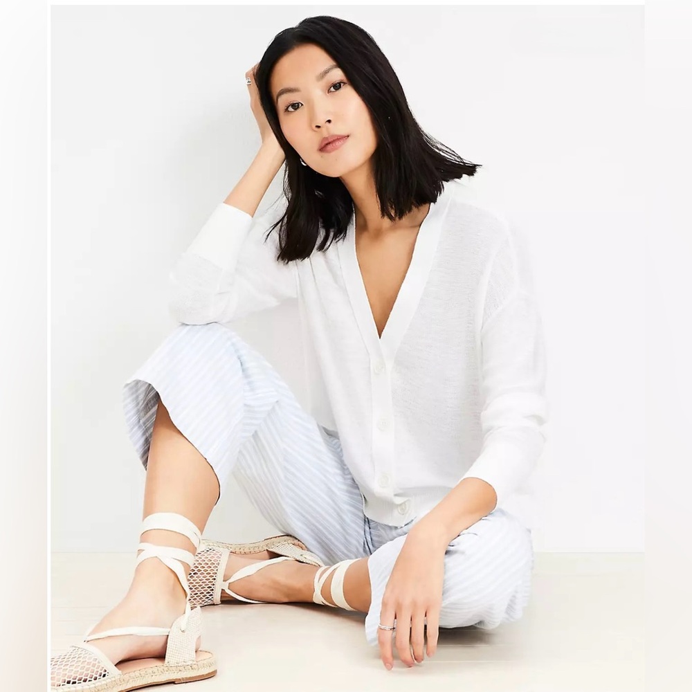 Loft Lightweight Drop Shoulder V-Neck Cardigan Top, White, Size XL